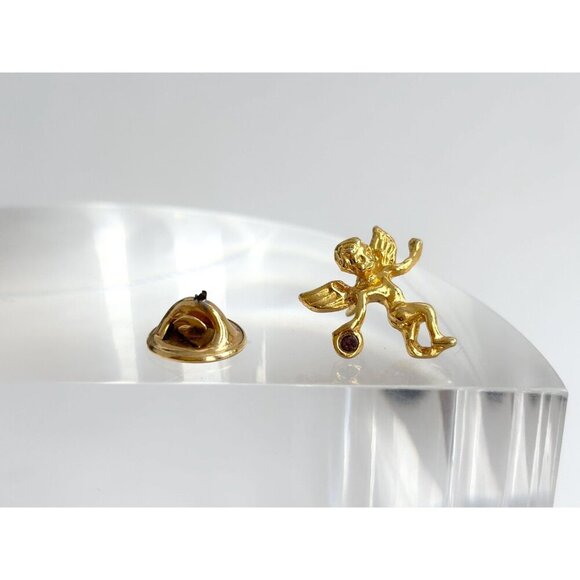 Teeny Tiny Cherub Gold T Purple Rhinestone Angel Figural Vintage Religious Pin - Picture 8 of 10